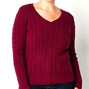 Burgundy VNeck Long Sleeve Cable Knit Pullover Sweater